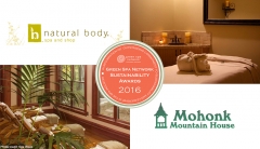 Natural Body Spa and Shop and Mohonk Mountain House logos and Green Spa Network 2016 Sustainability Awards badge.