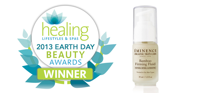 Healing Earth Day Beauty Awards Winner logo displayed next to Eminence Organic Skin Care Bamboo Firming Fluid