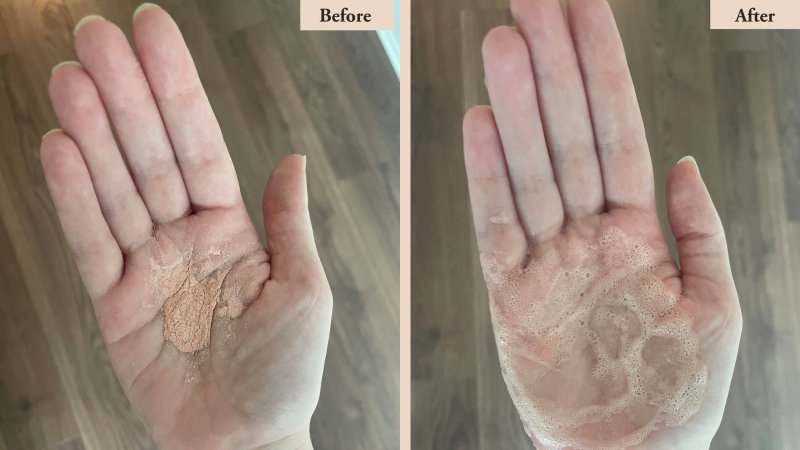 dry powder on hand on left panel and powder with water added on hand on right panel
