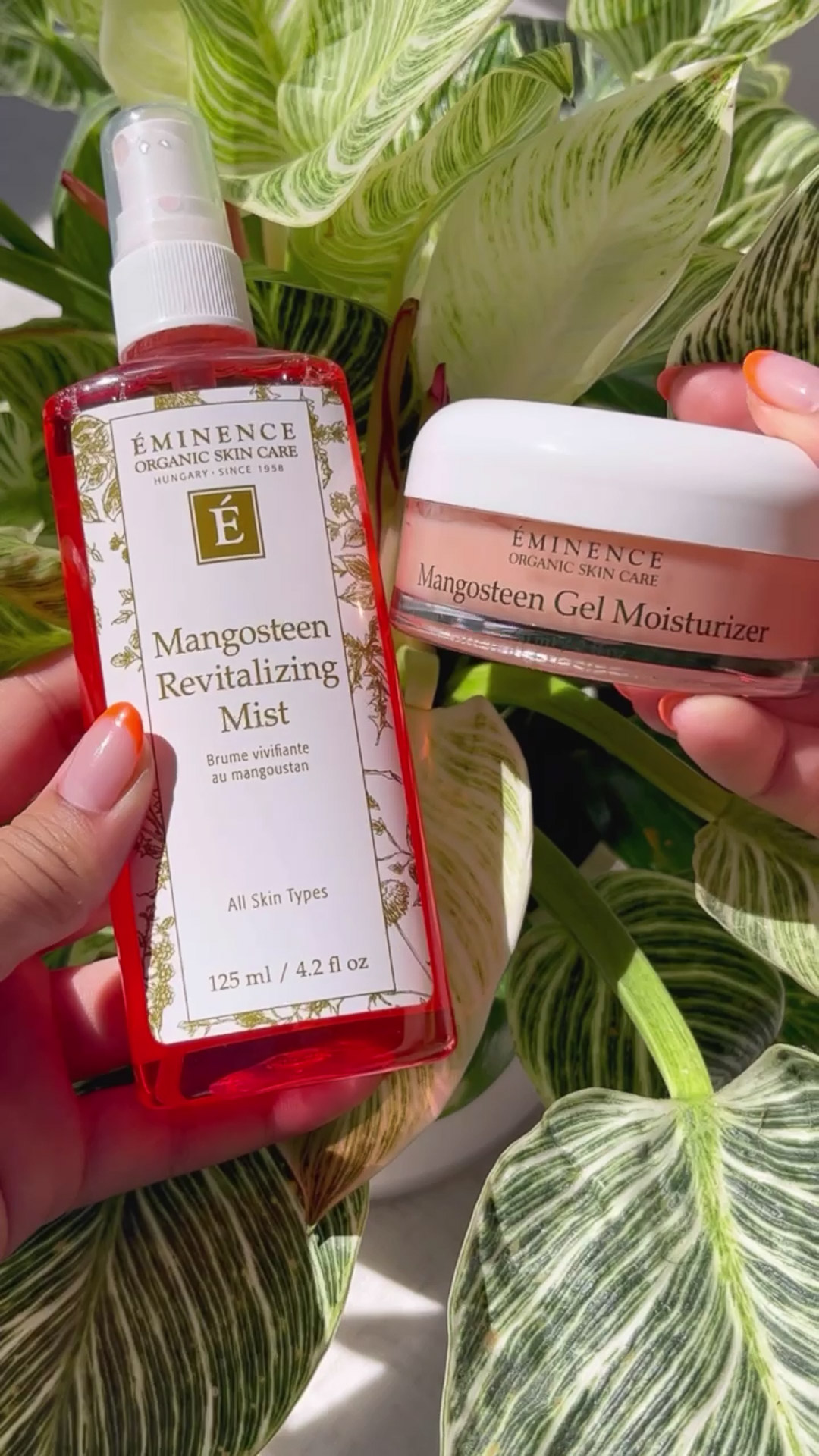 The Eminence Organics Mangosteen Gel Moisturizer alongside the Mangosteen Revitalizing Mist