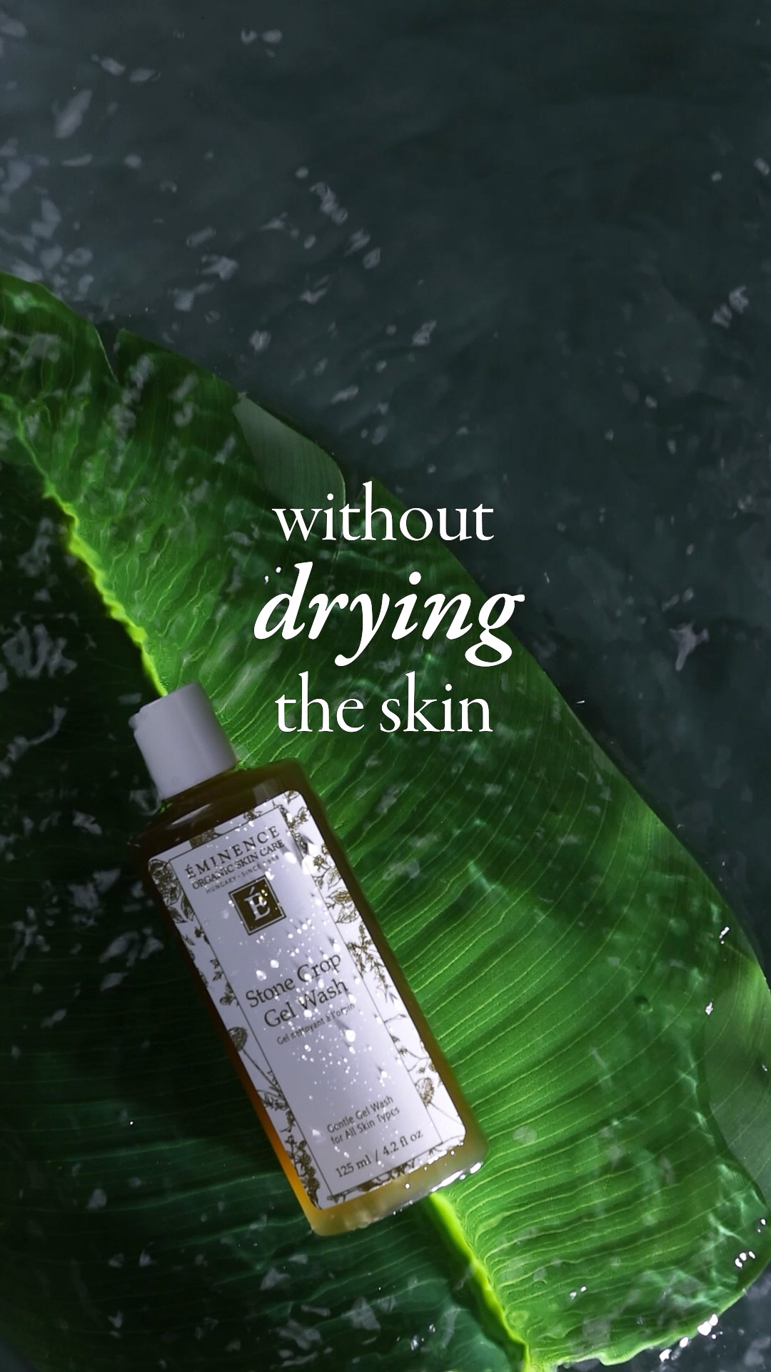 Eminence Organics Stone Crop Gel Wash on a green leaf 