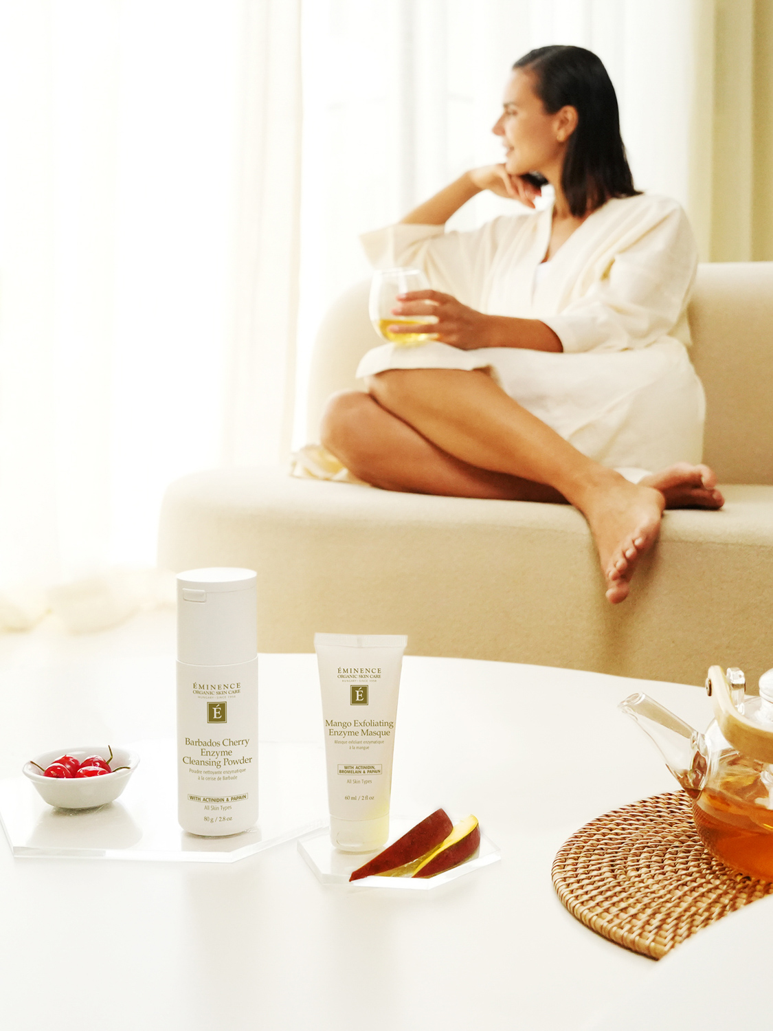 The Eminence Organics Superfood Enzymes Collection including the Mango Exfoliating Enzyme Masque on a table