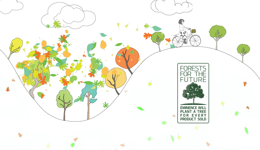 Forest for the Future Badge to the bottom-right of an illustration of a person biking amongst colorful trees. 