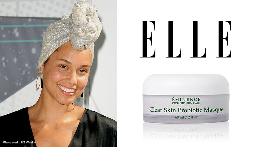 Celebrity Alicia Keys next to Elle magazine's masthead and Eminence Organics' Clear Skin Probiotic Mask