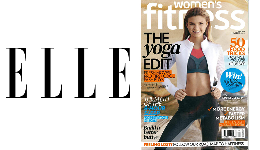The magazine masthead for Elle magazine and a cover photo of Women's Fitness. 
