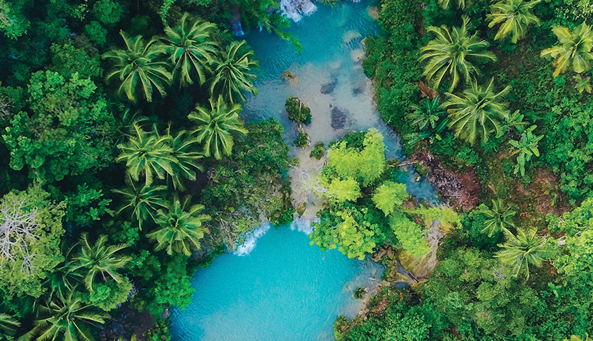 A bird's-eye-view of a blue stream cutting through a tropical rainforest. 