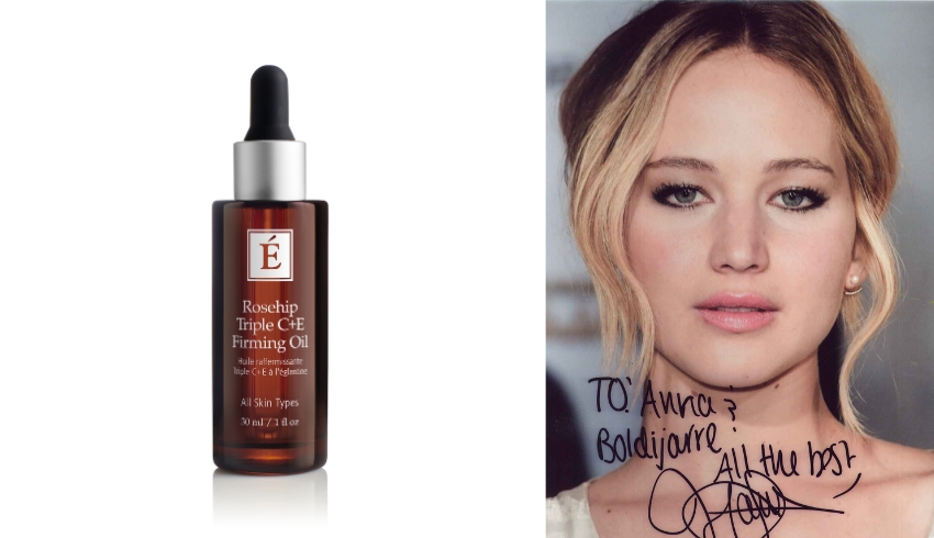 Rosehip Triple C+E Firming Oil and autographed photo of Jennifer Lawrence