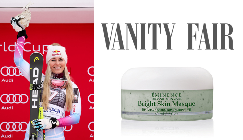 Olympic athlete Lindsey Vonn next to Vanity Fair's masthead and Eminence Organics' Bright Skin Masque. 
