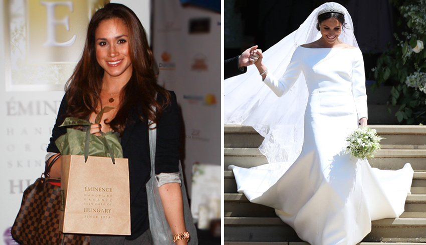 The Duchess of Sussex, Meghan Markle, holding a Eminence Organics bag and an image of the duchess in her wedding dress as she walks down a set of stairs outside. 