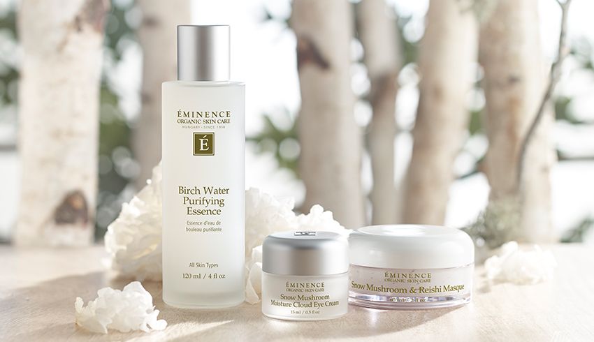 Eminence Organics The Pure Forest Collection: Snow Mushroom Moisture Cloud Eye Cream, Birch Water Purifying Essence, and Snow Mushroom and Reishi Masque. 