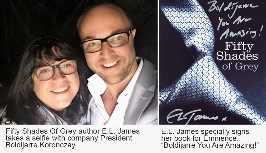 Fifty Shade of Grey auhor E. L. James with Eminence Organics President Boldijarre Koronczay pictured next to an autographed 