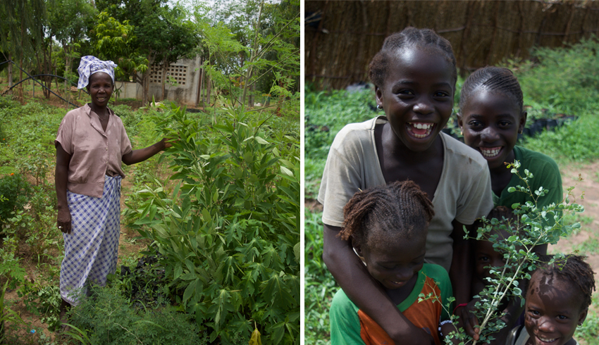 A woman and children pictured posing amongst the greenery thriving in the Koungheul, Senegal, Forest Garden Project