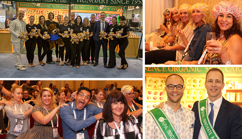 Eminence Organics team members standing outside the company booth, dancing and partaking in other activities at the 2016 ISPA Conference & Expo.