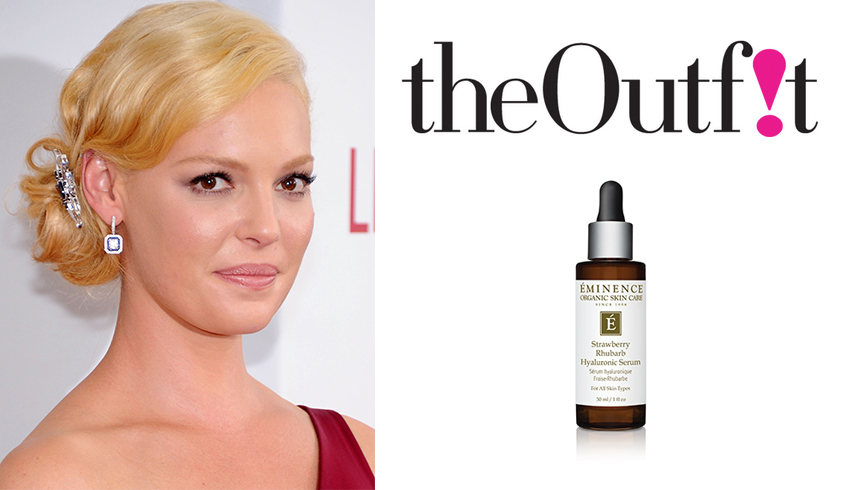Celebrity Katherine Heigl pictured next to The Outfit masthead and Eminence Organics' Strawberry Rhubarb Hyaluronic Serum.
