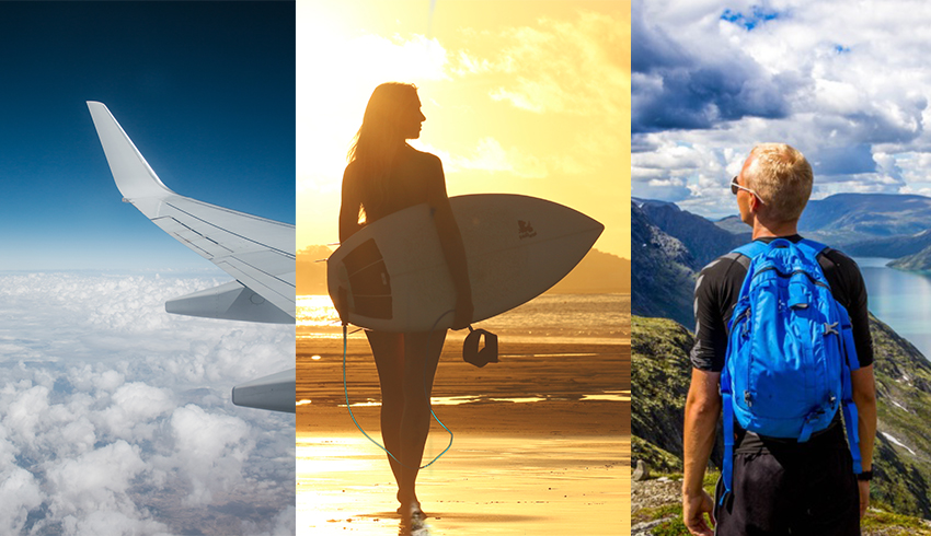 A wing of an airplane displayed next to a picture of a woman walking on the beach with a surfboard under arm, displayed next to a picture of a man with a blue backpack staring out into the view from a mountain top. 