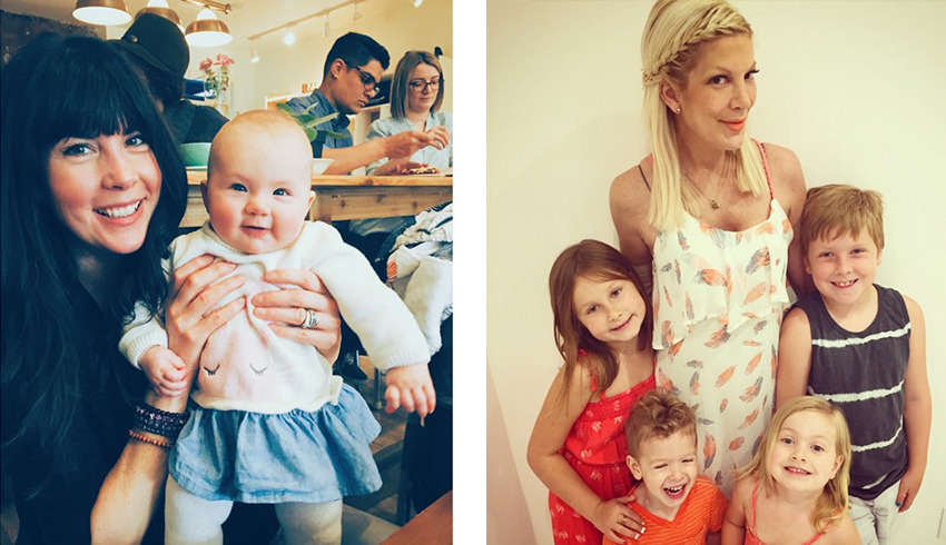 Celebrity moms Joy McCarthy with her daughter Vienna and Tori Spelling surrounded by her four children. 