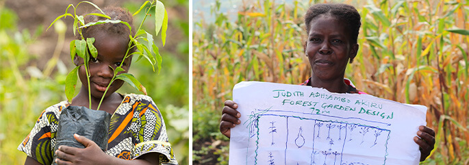 A young girl holding a sapling and a young woman holding up a plan for a forest garden. 