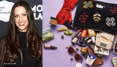 Celebrity Alanis Morissette pictured next to a handbag on its side with Eminence Organics products spilling out.