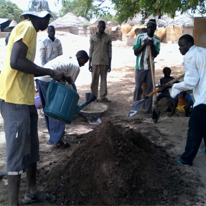 Men from a small community in Senegal, Africa gather to plant trees as part of Eminence Organics's partnership with Trees for the Future. 