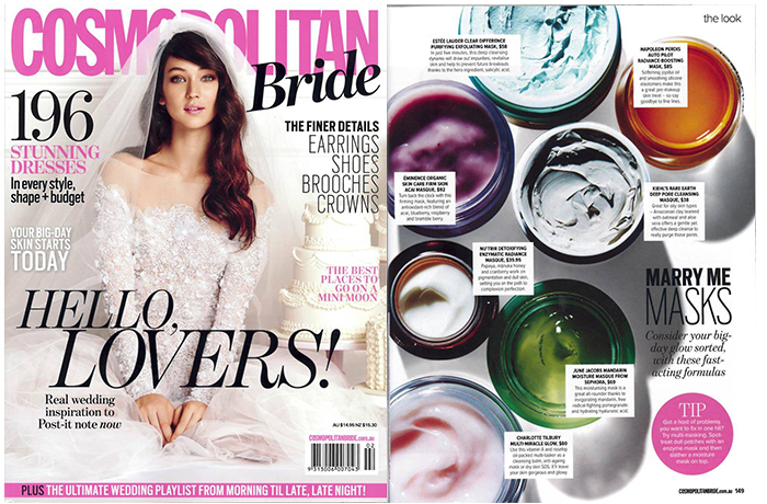 A cover of Cosmopolitan Bride and inside page displaying facial masques. 