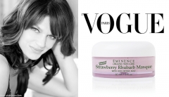 Makeup artist Pati Dubroff pictured next to Eminence Organics' Strawberry Rhubarb Masque and the Paris Vogue masthead. 