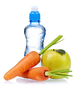 A bottle of water, two carrots and an apple. 