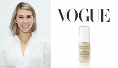 Celebrity Zosia Mamet pictured next to Eminence Organics' Bamboo Firming Liquid