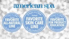 American Spa Professional Choice Awards Favorite All-Natural, Favorite Skin Care Line and Favorite For Product Education award badges. 