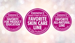 Spa Professionals badges for Favorite Product Education Favorite Skin Care Lin and Favorite All-Natural Line. 