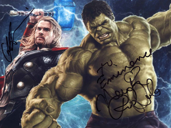  Chris Hemsworth and Mark Ruffalo signed Marvel photo thanking Eminence Organics 