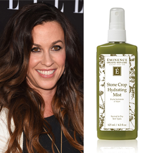 Celebrity Alanis Morissette next to the US Weekly Masthead and Eminence Organics' Stone Crop Hydrating Mist