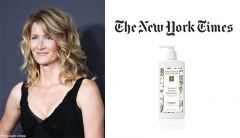Celebrity Laura Dern next to Eminence Organics' Coconut Firming Body Lotion and The New York Times masthead. 