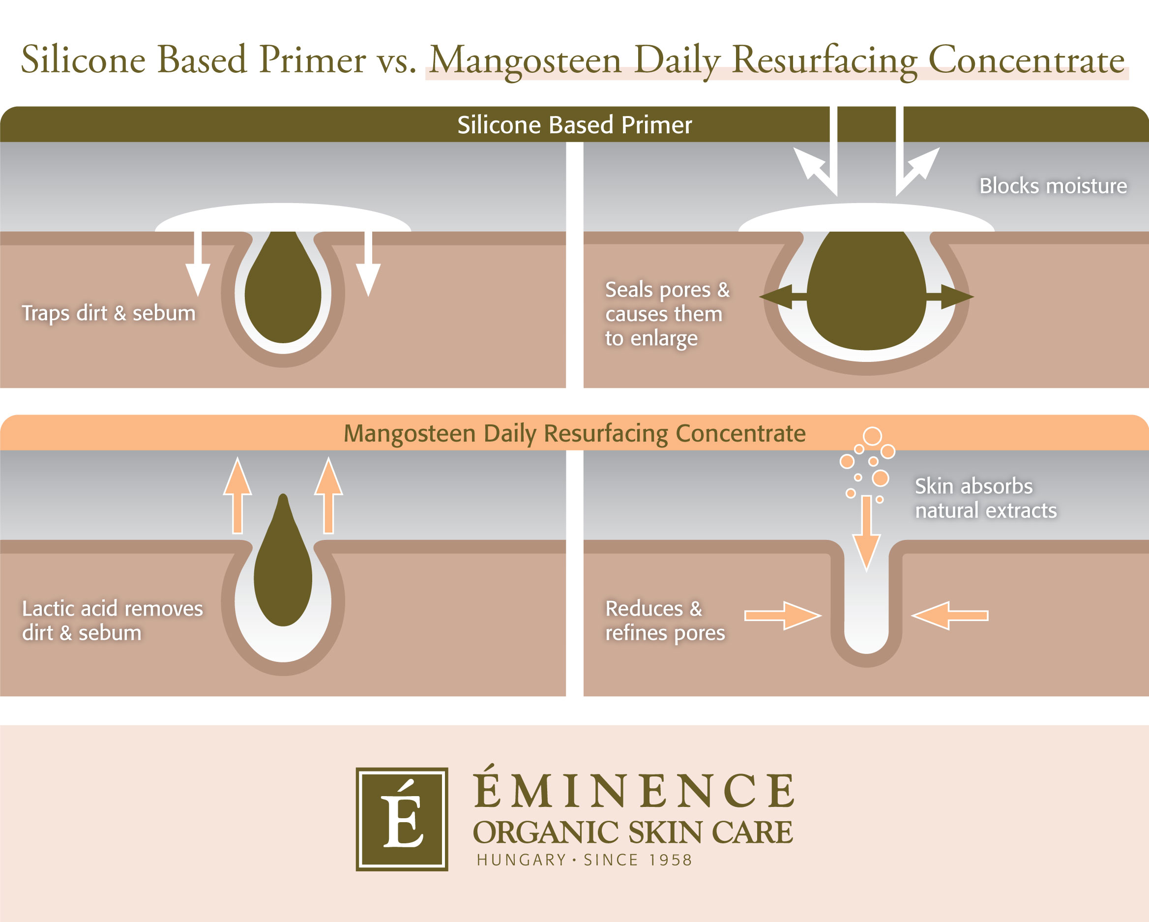 Infographic comparing silicone based primers with Eminence Organics Mangosteen Daily Resurfacing Concentrate
