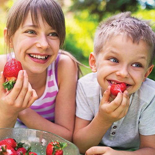Two children eat strawberries outside