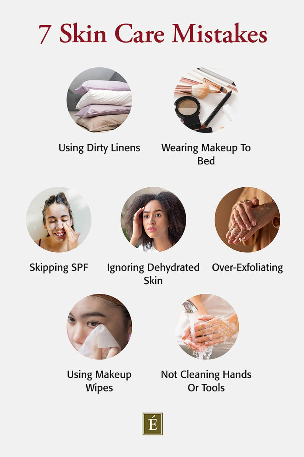 Infographic with images of each of 7 skincare mistakes