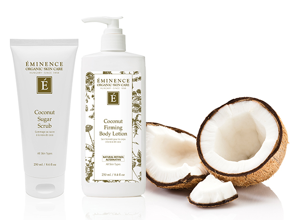 Eminence Organics coconut sugar scrub and coconut firming body lotion